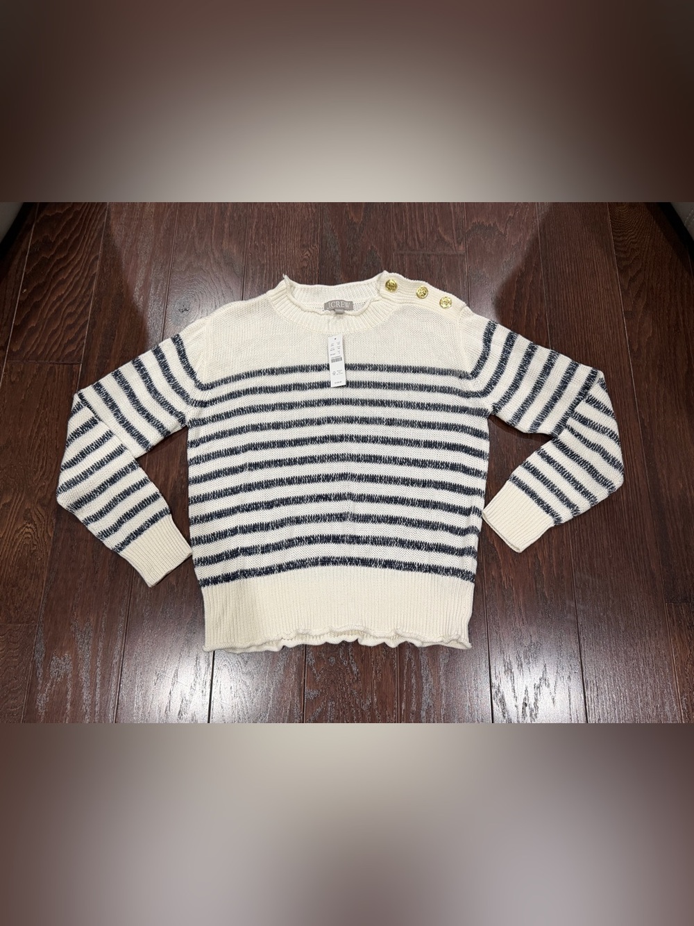 J.Crew Women Stripe Sweater Small Linen Blend Navy WhiteGold Button Nautical NEW - Picture 10 of 10